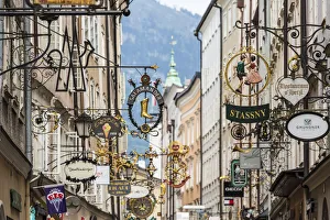Shop signs, Salzkammergut, Getreidegasse, Salzburg, Austria Shop signs, Salzkammergut, Getreidegasse, Salzburg, Austria