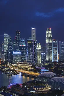 Singapore, city skyline elevated view above the Marina Reservoir, dusk Singapore, city skyline elevated view above the Marina Reservoir, dusk