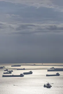 Singapore, elevated view of the Straits of Singapore with ships, dawn Singapore, elevated view of the Straits of Singapore with ships, dawn