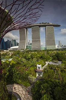 Singapore, Gardens By The Bay, Super Tree Grove, elevated walkway view with the Marina Singapore, Gardens By The Bay, Super Tree Grove, elevated walkway view with the Marina