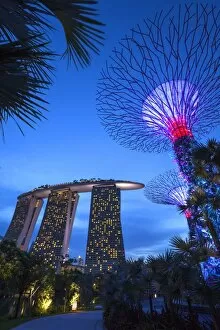 Gardens By The Bay Gallery: Singapore, Gardens By The Bay, Super Tree Grove and Marina Bay Sands Hotel, dusk