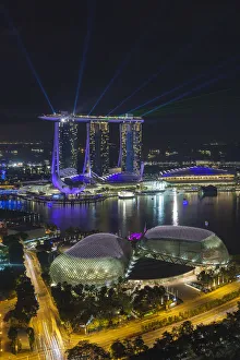 Singapore, Marina Bay Sands Hotel, elevated view with Esplanade Theaters on the Bay Singapore, Marina Bay Sands Hotel, elevated view with Esplanade Theaters on the Bay