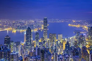 Skyscrapers in central Hong Kong seen from The Peak at dawn, Hong Kong Island, Hong Kong Skyscrapers in central Hong Kong seen from The Peak at dawn, Hong Kong Island, Hong Kong