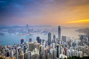 Skyscrapers in central Hong Kong seen from Victoria Peak at sunrise, Hong Kong Island Skyscrapers in central Hong Kong seen from Victoria Peak at sunrise, Hong Kong Island