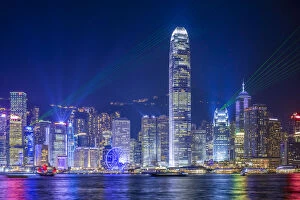 Laser Gallery: Skyscrapers on Hong Kong Island at night during A Symphony of Lights'
