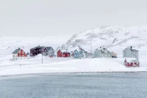 Snow blizzard over the village of Veines and arctic sea, Kongfjord, Varanger Peninsula Snow blizzard over the village of Veines and arctic sea, Kongfjord, Varanger Peninsula