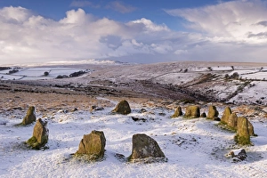 Snow covered Nine Maidens cairn circle on Belstone Common, Dartmoor, Devon, England Snow covered Nine Maidens cairn circle on Belstone Common, Dartmoor, Devon, England
