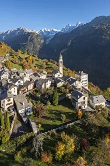 Swiss Collection: Soglio at sunset in autumn. Maloja district, Canton of Graubunden, Bregaglia valley, Switzerland