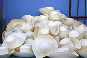 South America, Peru, Ancash, Huaraz. Reed Panama hats for sale in the city center South America, Peru, Ancash, Huaraz. Reed Panama hats for sale in the city center