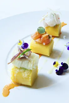 South America, Peru, Lima. A Causa trio with ceviche, chinguirito, salmon with dill South America, Peru, Lima. A Causa trio with ceviche, chinguirito, salmon with dill