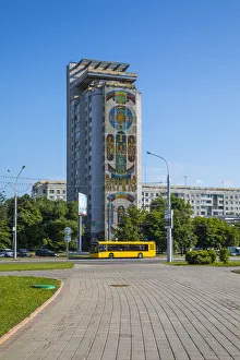 Soviet wall murals on apartment building in Minsk, Belarus Soviet wall murals on apartment building in Minsk, Belarus