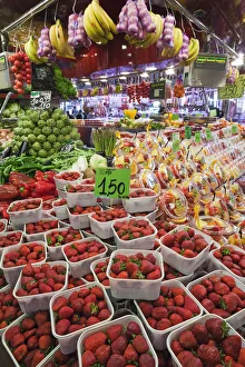 Spain, Barcelona, The Ramblas, La Boqueria Market, Fruit Stall Display Spain, Barcelona, The Ramblas, La Boqueria Market, Fruit Stall Display