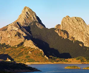 Spain, Castile and Leon; RianoEmbalse de Riano (Dam) beneath Picos de Europa at dawn Spain, Castile and Leon; RianoEmbalse de Riano (Dam) beneath Picos de Europa at dawn