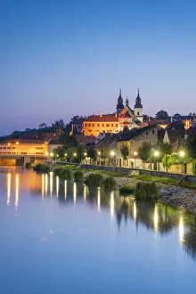 St. Procopius Basilica and waterfront by Jihlava river at night, UNESCO, Trebic St. Procopius Basilica and waterfront by Jihlava river at night, UNESCO, Trebic