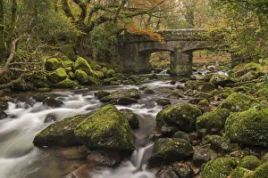 Stone bridge spanning the River Plym in Dartmoor National Park, Devon, England. Autumn Stone bridge spanning the River Plym in Dartmoor National Park, Devon, England. Autumn