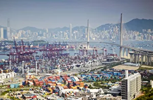 Stonecutters Bridge & container port with Hong Kong Island in background, Hong Kong Stonecutters Bridge & container port with Hong Kong Island in background, Hong Kong