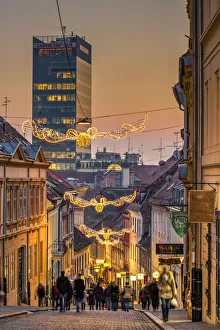 Sunset view of a street in Gornji Grad or upper town adorned with Christmas lights Sunset view of a street in Gornji Grad or upper town adorned with Christmas lights