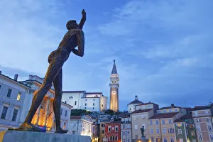 Tartini Square with St George's church bell tower at dusk, Piran, Primorska Tartini Square with St George's church bell tower at dusk, Piran, Primorska