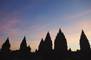 Javanese Architecture Style Prints: Temples at Prambanan complex at sunset, Java, Indonesia