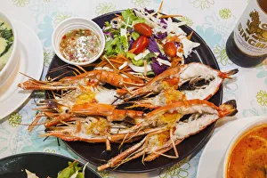 Thailand, Bangkok, Khaosan Road, Seafood Restaurant Plate of Grilled Prawns Thailand, Bangkok, Khaosan Road, Seafood Restaurant Plate of Grilled Prawns