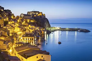 Images Dated 8th March 2013: Town View at dusk, with Castello Ruffo, Scilla, Calabria, Italy