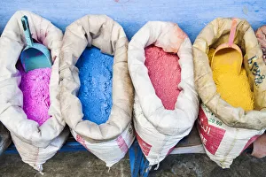 Traditional shades of paint on sale, Chefchaouen, Morocco Traditional shades of paint on sale, Chefchaouen, Morocco