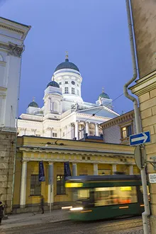 Tram & Lutheran cathedral, at dusk, Helsinki, Finland Tram & Lutheran cathedral, at dusk, Helsinki, Finland