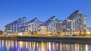 UK, London, A view of Battersea Reach developement from Wandsworth Bridge at dusk UK, London, A view of Battersea Reach developement from Wandsworth Bridge at dusk