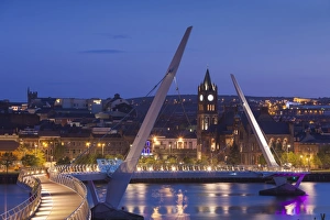 County Londonderry Prints: Print of The Peace Bridge over the River Foyle at Dusk