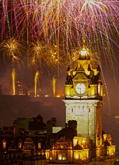 UK, Scotland, Lothian, Edinburgh, Fringe Festival Virgin Money Fireworks viewed UK, Scotland, Lothian, Edinburgh, Fringe Festival Virgin Money Fireworks viewed