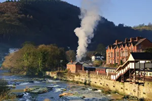 UK, Wales, Denbighshire, Llangollen, River Dee and Llangollen Railway Station UK, Wales, Denbighshire, Llangollen, River Dee and Llangollen Railway Station