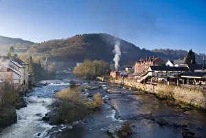 UK, Wales, Denbighshire, Llangollen, River Dee and Llangollen Railway Station UK, Wales, Denbighshire, Llangollen, River Dee and Llangollen Railway Station