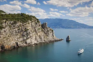 Ukraine, Crimea, Yalta, Ferry passing The Sail rock, on its approach Ukraine, Crimea, Yalta, Ferry passing The Sail rock, on its approach