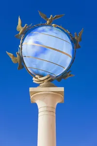 Prints of Illuminated world globe in Maidan Nezalezhnosti, (Independence Square). Kiev, Ukraine Ukraine Prints: Illuminated World Globe Print in Kiev, Ukraine