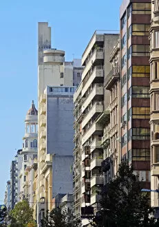 Uruguay, Montevideo, Buildings on 18 de Julio Avenue viewed from the Plaza Independencia