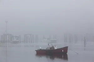 USA, Maine, Cape Neddick, fishing boat in fog USA, Maine, Cape Neddick, fishing boat in fog