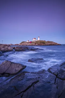 USA, Maine, York, Nubble Light Lighthouse, dusk USA, Maine, York, Nubble Light Lighthouse, dusk