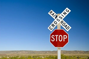 USA, New Mexico, Route 66, near Montoya, Railroad Crossing and sign USA, New Mexico, Route 66, near Montoya, Railroad Crossing and sign