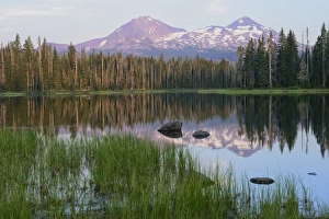 USA, Pacific Northwest, Oregon Cascades, Scott lake with three sisters mountains USA, Pacific Northwest, Oregon Cascades, Scott lake with three sisters mountains