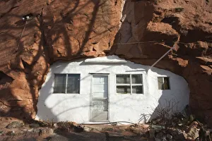USA, Utah, Moab, Hole in the Rock tourist shop, small trailer in mountain, winter USA, Utah, Moab, Hole in the Rock tourist shop, small trailer in mountain, winter
