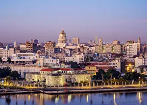 View over Castle of the Royal Force and Habana Vieja towards El Capitolio at dawn, Havana View over Castle of the Royal Force and Habana Vieja towards El Capitolio at dawn, Havana