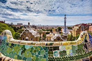View from Parc Guell towards city, Barcelona, Catalonia, Spain View from Parc Guell towards city, Barcelona, Catalonia, Spain