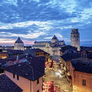 View over Via Santa Maria towards Cathedral and Leaning Tower at dusk, Pisa, Tuscany View over Via Santa Maria towards Cathedral and Leaning Tower at dusk, Pisa, Tuscany