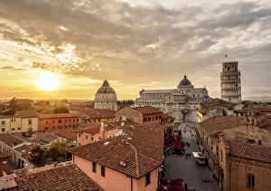 View over Via Santa Maria towards Cathedral and Leaning Tower at sunset, Pisa, Tuscany View over Via Santa Maria towards Cathedral and Leaning Tower at sunset, Pisa, Tuscany