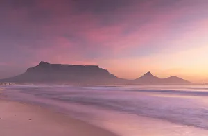 View of Table Mountain from Milnerton beach at sunset, Cape Town, Western Cape, South View of Table Mountain from Milnerton beach at sunset, Cape Town, Western Cape, South