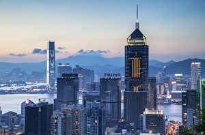 View of Wan Chai and Kowloon at dusk, Hong Kong View of Wan Chai and Kowloon at dusk, Hong Kong