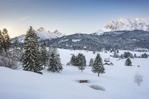 View over winter landscape to Karwendel Range, Klais near Mittenwald, Bavarian Alps View over winter landscape to Karwendel Range, Klais near Mittenwald, Bavarian Alps