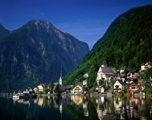Village with Mountains & Lake, Hallstatt, Salzkammergut, Austria Village with Mountains & Lake, Hallstatt, Salzkammergut, Austria