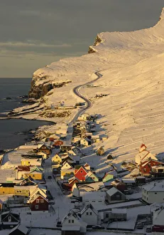 The village of Sumba covered by snow at sunrise. Island of Suðuroy. Faroe Islands The village of Sumba covered by snow at sunrise. Island of Suðuroy. Faroe Islands