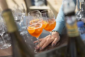 Waitress serving three cocktails, Bolzano province, South Tyrol, Trentino Alto Adige Waitress serving three cocktails, Bolzano province, South Tyrol, Trentino Alto Adige